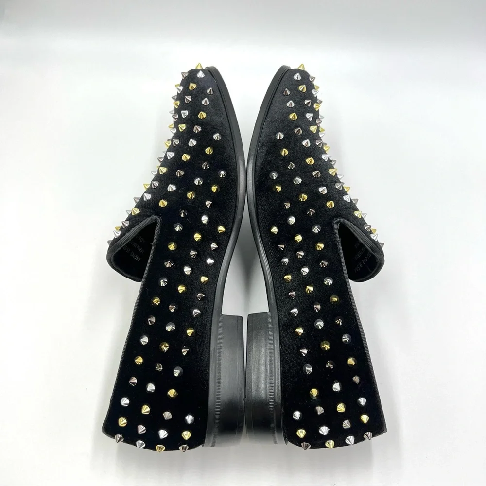 Stacy Adams Mens 9.5 Spire Black Velvet Gold Silver Spiked Studded Loafers Shoes